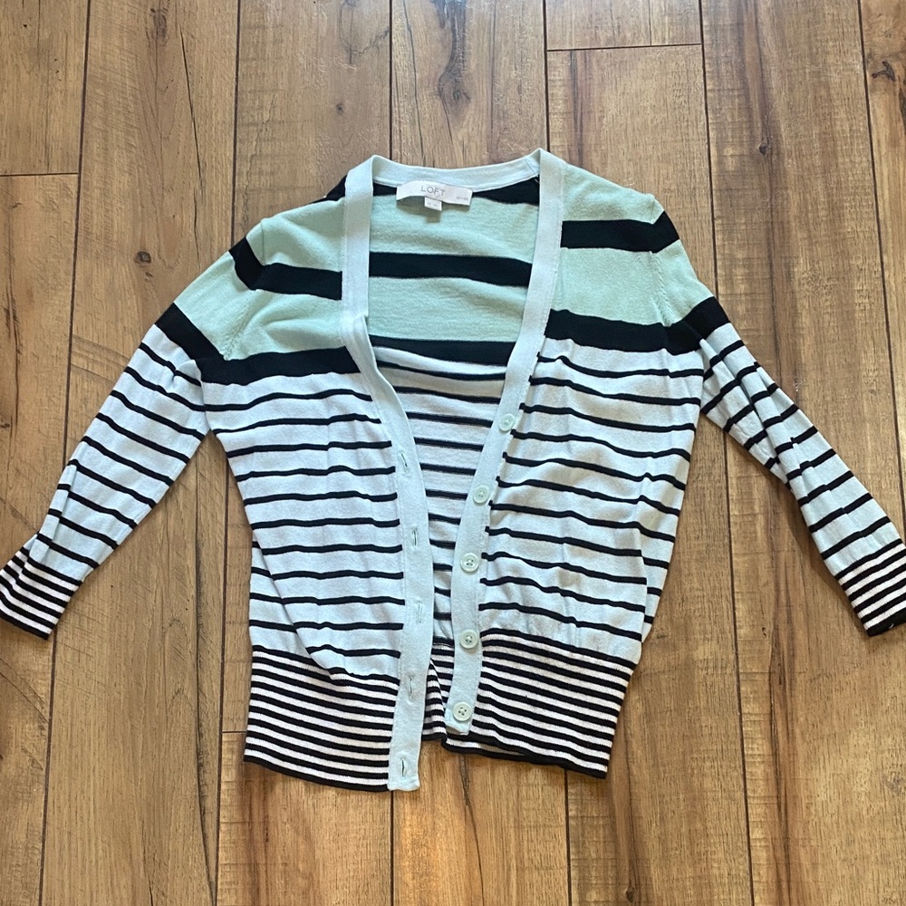 LOFT Black and White Striped Cardigan